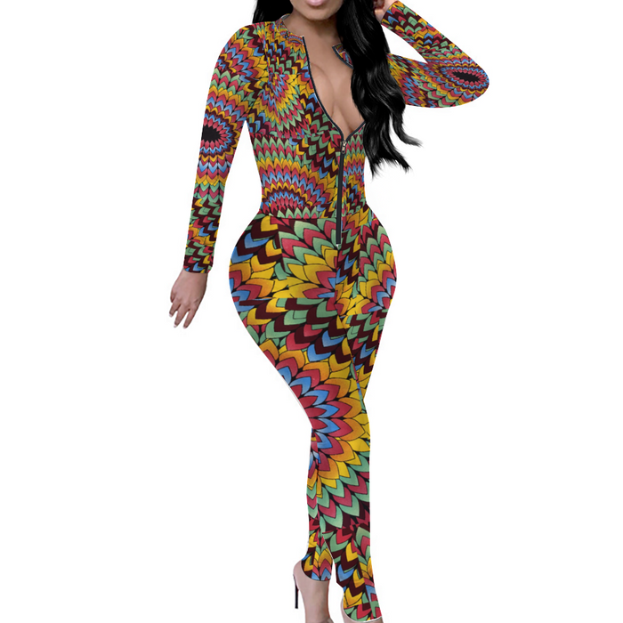 Chevyron African Print Women's Hug Me All Over Front Zip Long Sleeve Bodysuit S-4XL