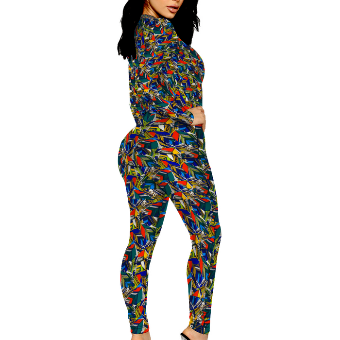 InkStone African Print Hug me All Over Women's Front Zip Bodysuit Long Sleeve Jumpsuit S-4XL