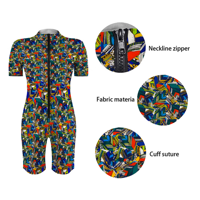 Inkstone African Print Women's  Short Sleeve Zipper Jumpsuit