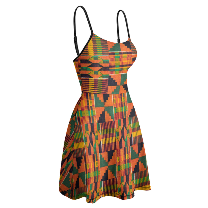 Orange Kente African Print Women's Spaghetti Strapped Dress S-2XL