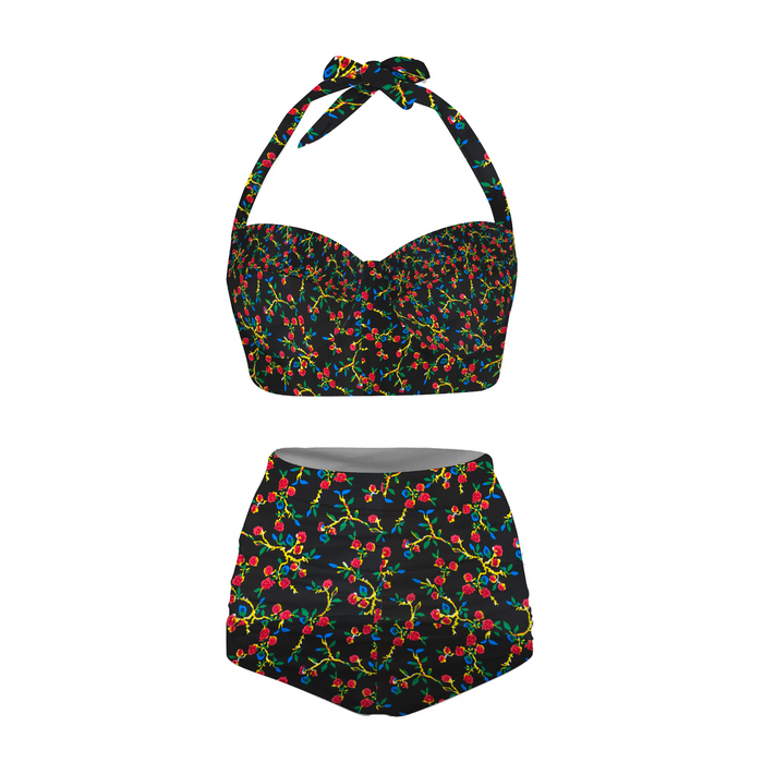 Black Floral Women's Two-Piece Bathing Suit Halterneck Bikini