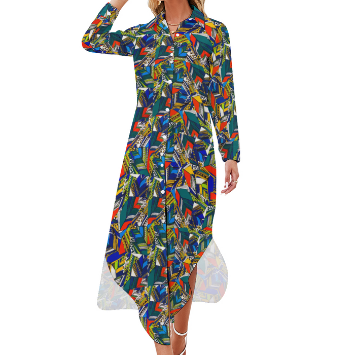 InkStone African Print Women's Long Sleeve Shirt Dress S-6XL