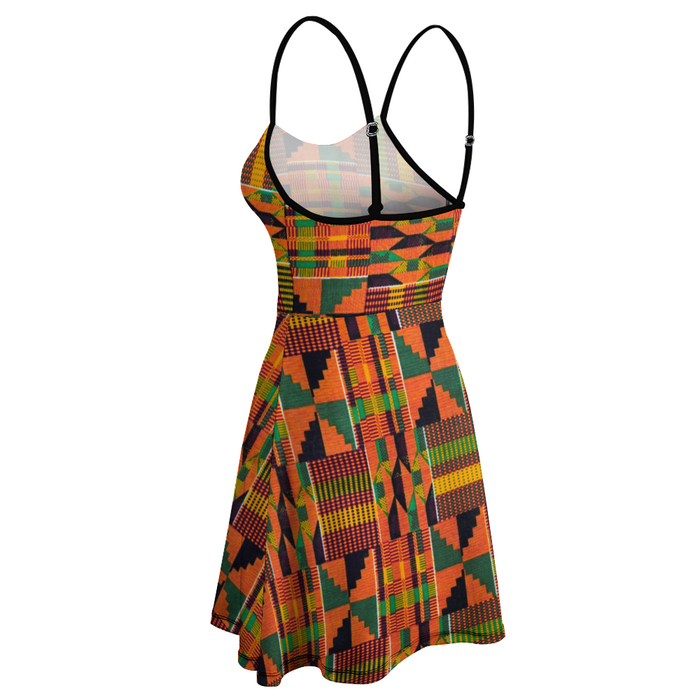 Orange Kente African Print Women's Spaghetti Strapped Dress S-2XL