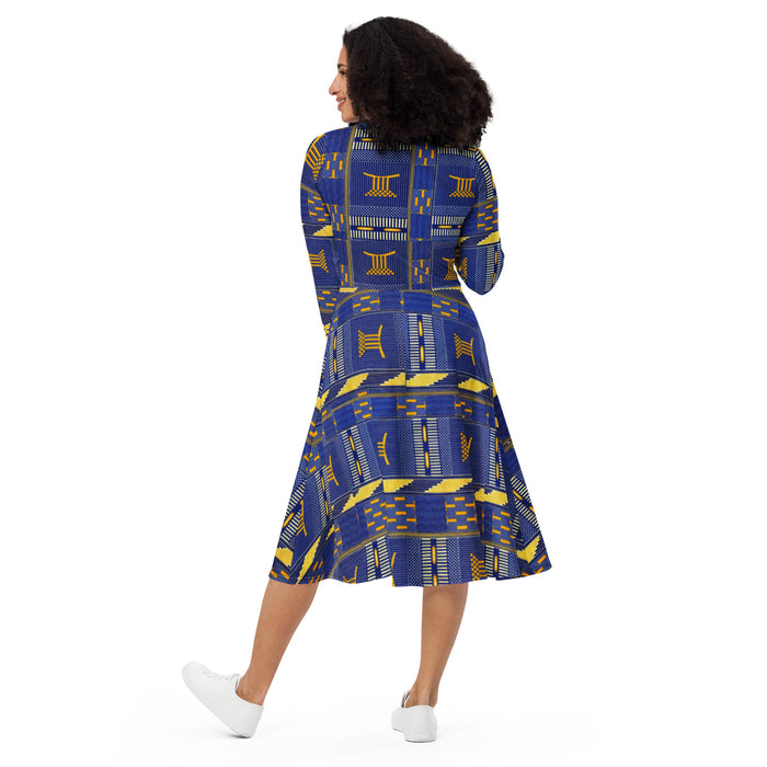 Blue Kente African Print Long Sleeve Midi Dress 2XS-6XL