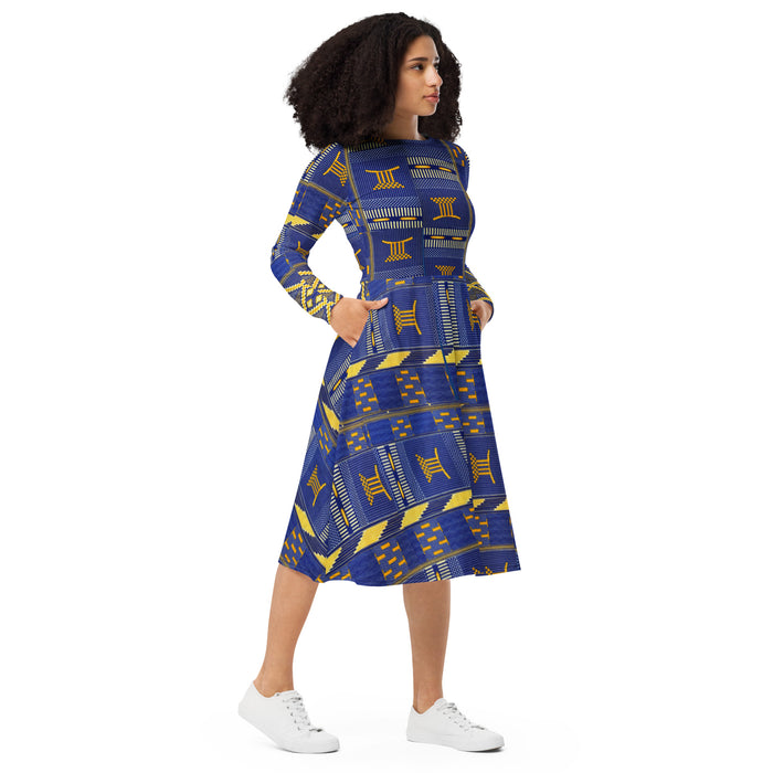 Blue Kente African Print Long Sleeve Midi Dress 2XS-6XL