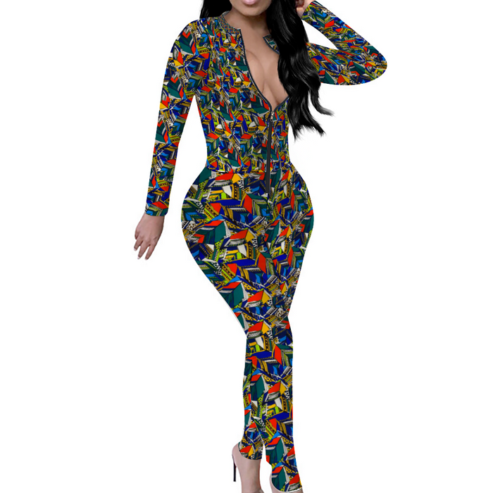 InkStone African Print Hug me All Over Women's Front Zip Bodysuit Long Sleeve Jumpsuit S-4XL