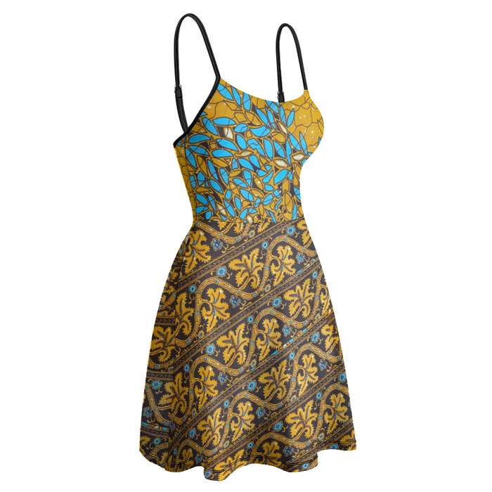 Essence Tree African Print Women's Spaghetti Strap Fit and Flare Dress S-2XL